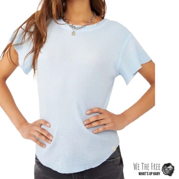 FREE PEOPLE / WE THE FREE WHAT’S UP BABY WAFFLE KNIT TEE IN NEON SKY BLUE XS - Picture 11 of 11